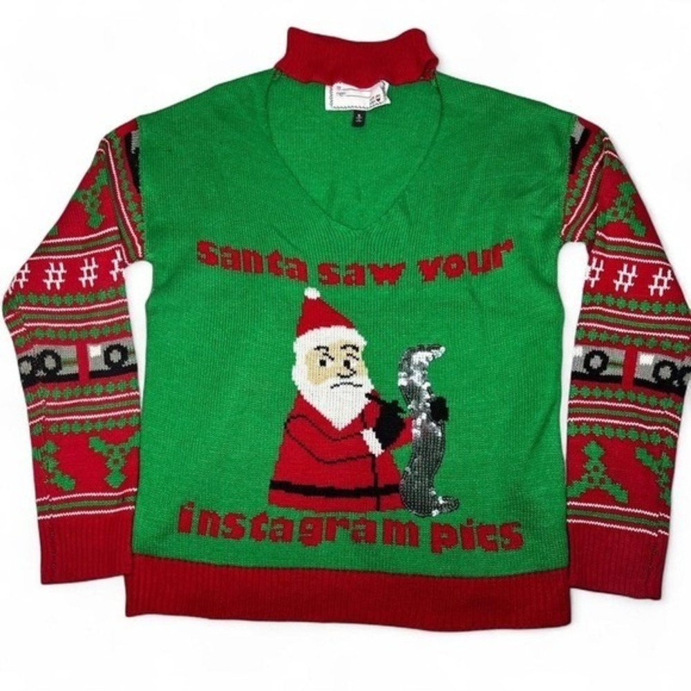 Ugly Christmas Sweater Santa Funny Novelty Party‎ Holiday Green Red Womens Small